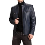 Side Belt Detailing Navy Blue Leather Jacket