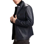 Side Belt Detailing Navy Blue Leather Jacket
