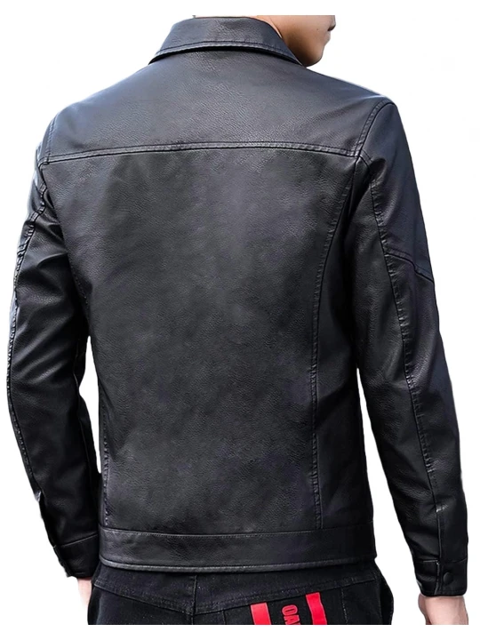 Side Zipper Pockets Black Leather Jacket
