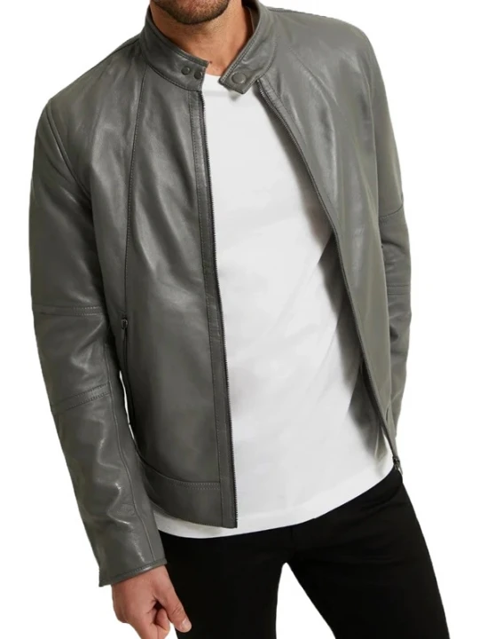 Snap Tab Collar Grey Leather Jacket
