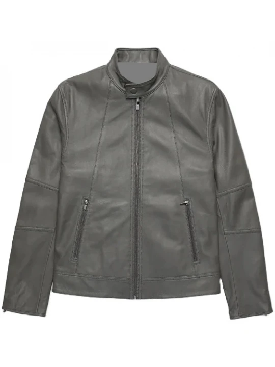 Snap Tab Collar Grey Leather Jacket