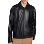 Spread Collar Black Leather Jacket