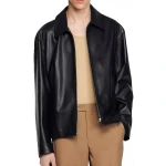 Spread Collar Black Leather Jacket