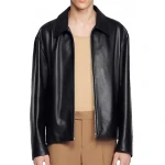 Spread Collar Black Leather Jacket