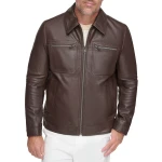 Spread Collar Brown Leather Jacket