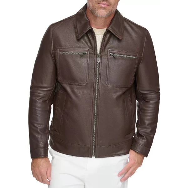 Spread Collar Brown Leather Jacket