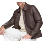 Spread Collar Brown Leather Jacket