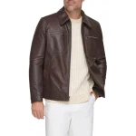 Spread Collar Brown Leather Jacket