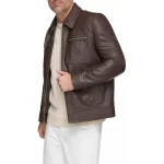 Spread Collar Brown Leather Jacket
