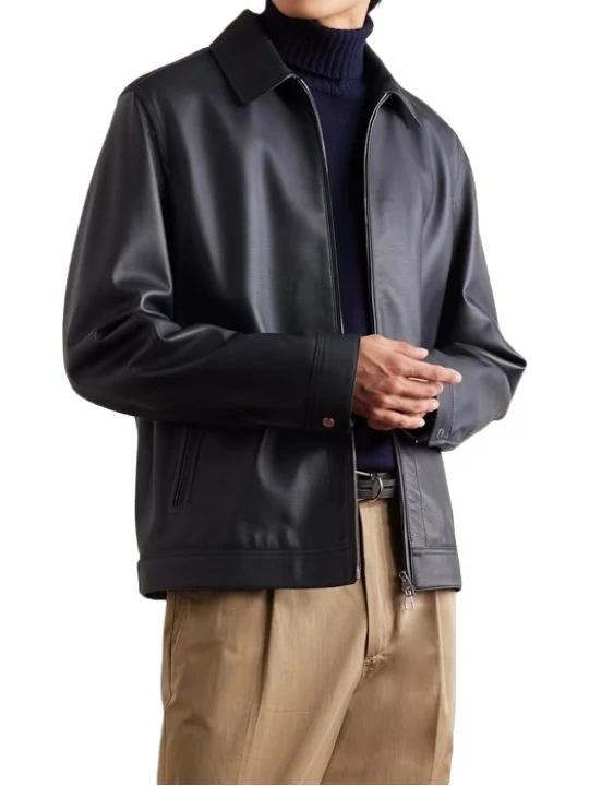 Spread Collar Navy Blue Leather Jacket