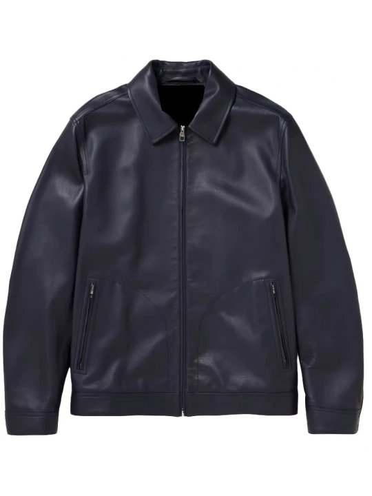 Spread Collar Navy Blue Leather Jacket