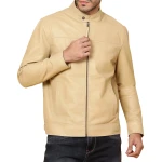 Stand Collar Beige Leather Jacket