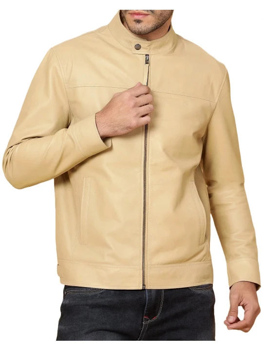 Stand Collar Beige Leather Jacket