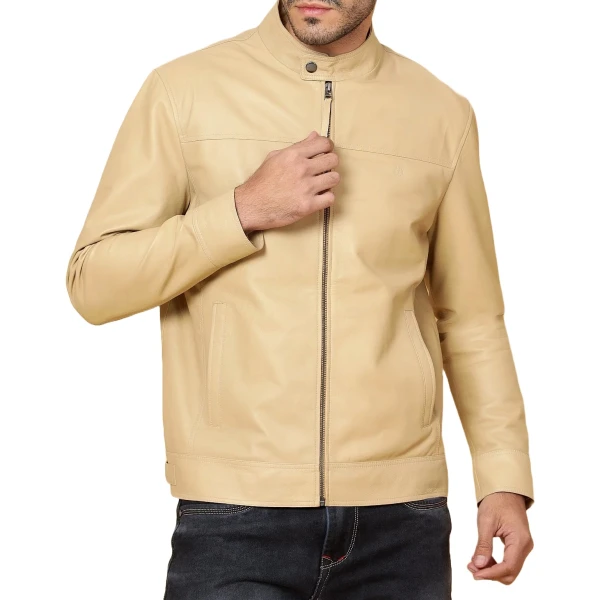 Stand Collar Beige Leather Jacket