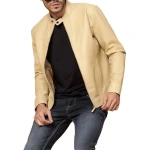 Stand Collar Beige Leather Jacket