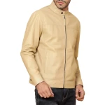 Stand Collar Beige Leather Jacket