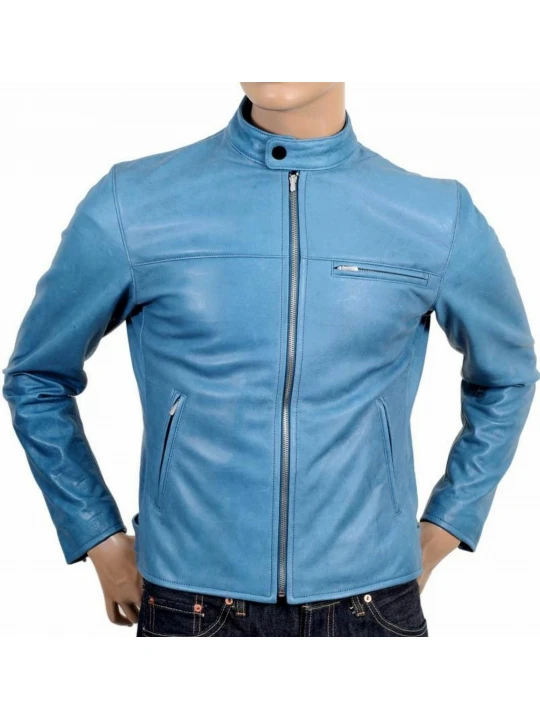 Stand Collar Bright Blue Leather Jacket