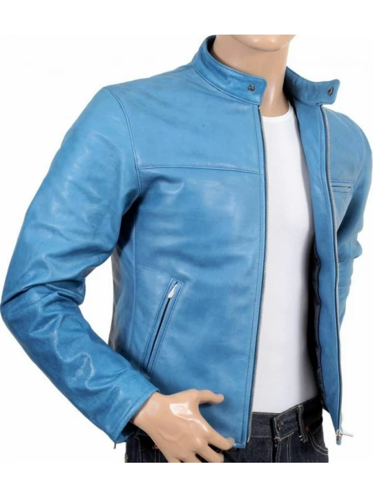 Stand Collar Bright Blue Leather Jacket