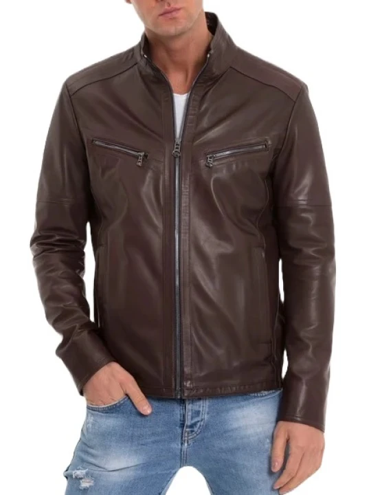 Stand Collar Brown Leather Jacket
