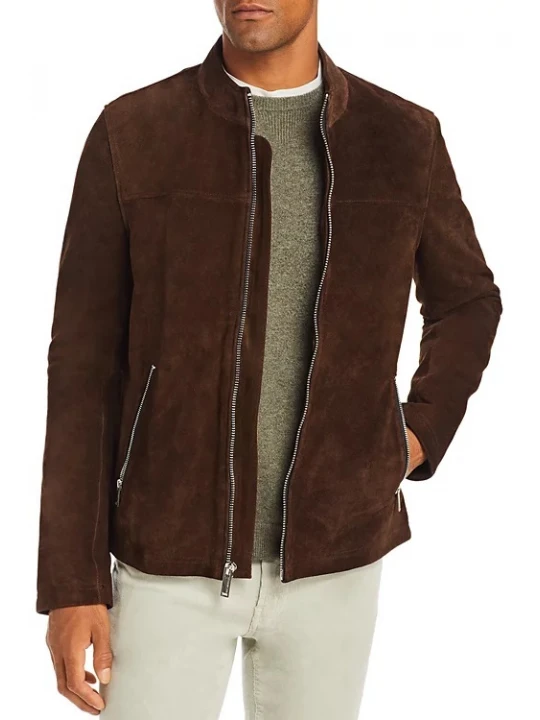 Stand Collar Brown Suede Leather Jacket