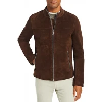 Stand Collar Brown Suede Leather Jacket