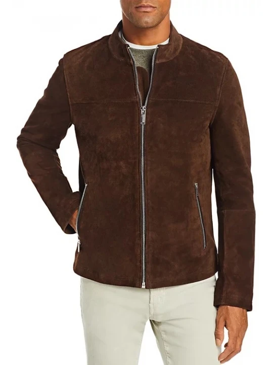 Stand Collar Brown Suede Leather Jacket
