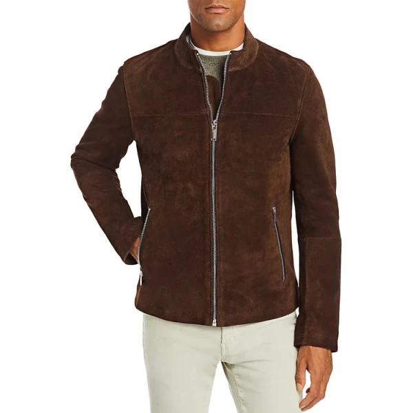 Stand Collar Brown Suede Leather Jacket