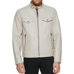 Stand Collar Cream Leather Jacket