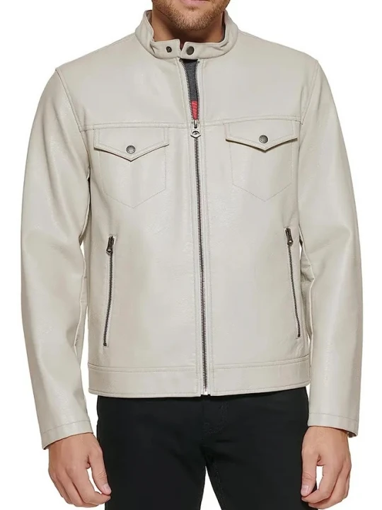 Stand Collar Cream Leather Jacket