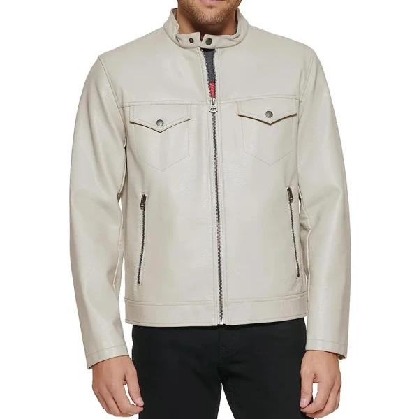 Stand Collar Cream Leather Jacket