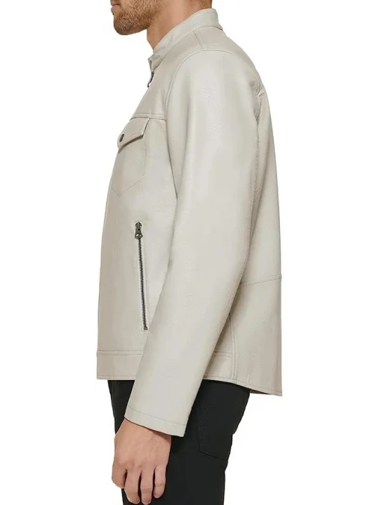 Stand Collar Cream Leather Jacket