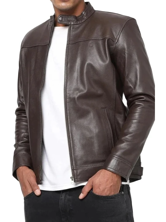 Stand Collar Dark Brown Leather Jacket