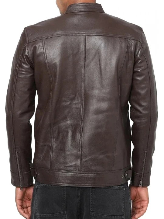 Stand Collar Dark Brown Leather Jacket