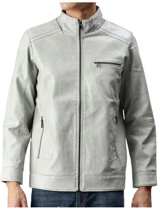 Stand Collar Grey Leather Jacket