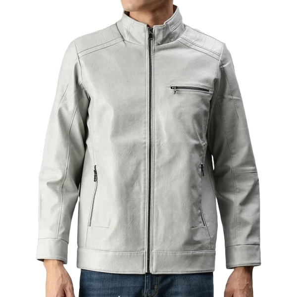Stand Collar Grey Leather Jacket