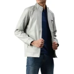 Stand Collar Grey Leather Jacket