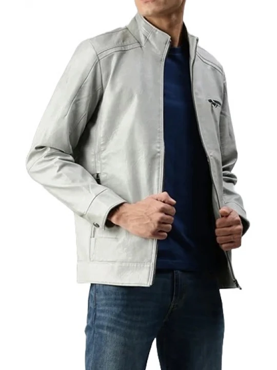 Stand Collar Grey Leather Jacket