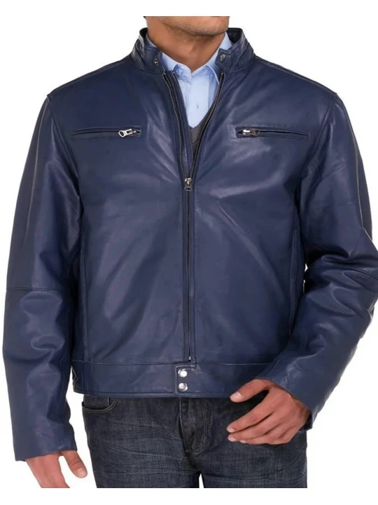 Stand Collar Navy Blue Leather Jacket