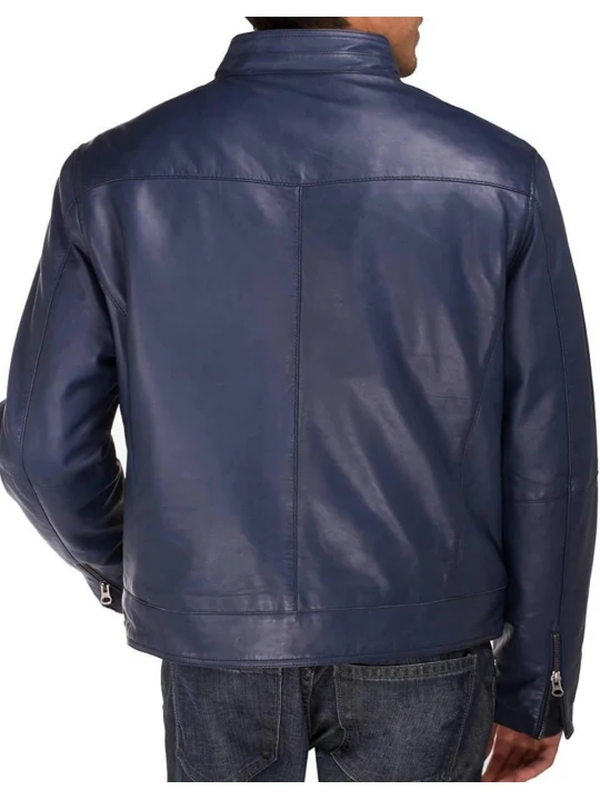 Stand Collar Navy Blue Leather Jacket