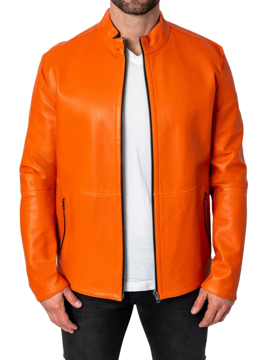 Stand Collar Orange Leather Jacket