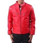 Stand Collar Red Leather Jacket