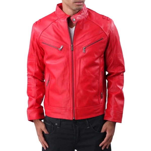 Stand Collar Red Leather Jacket