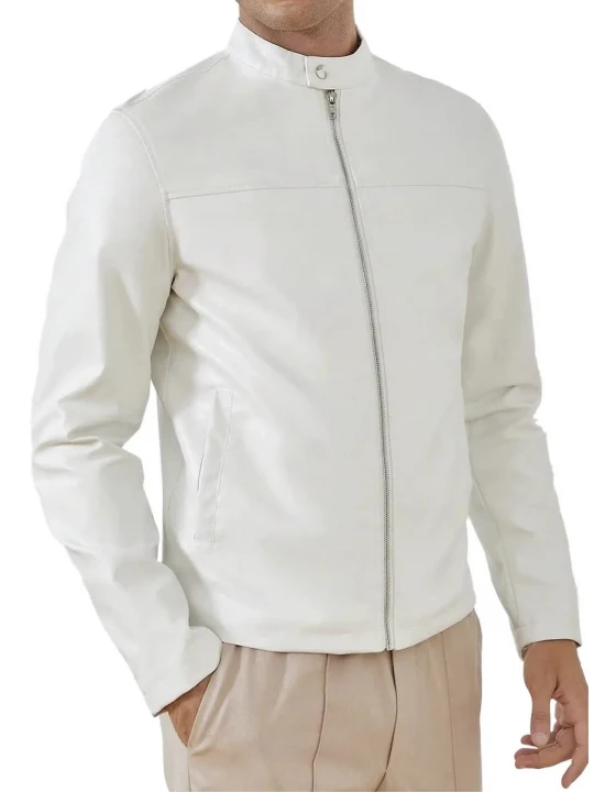 Stand Collar White Leather Jacket