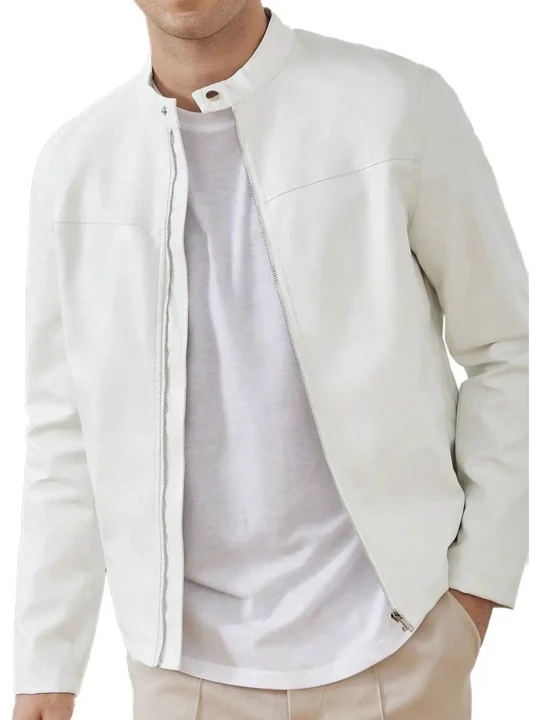 Stand Collar White Leather Jacket