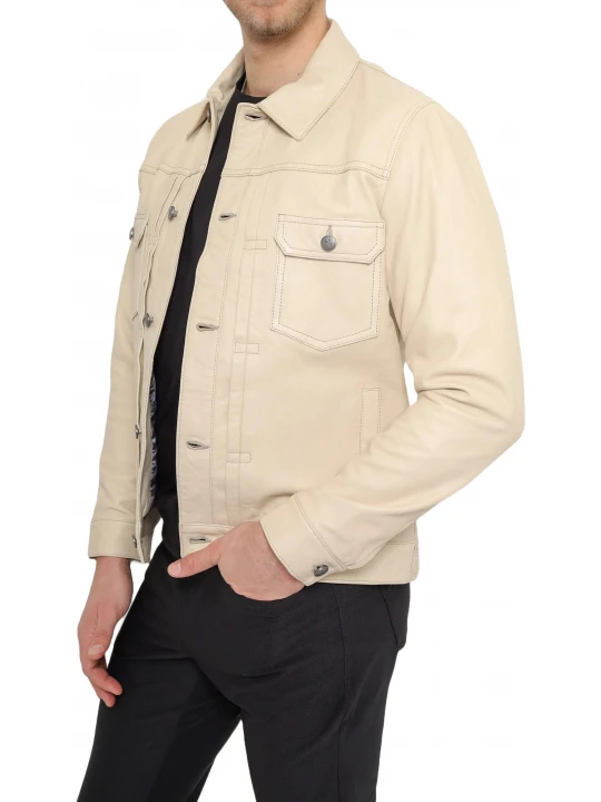 Trucker Beige Leather Jacket