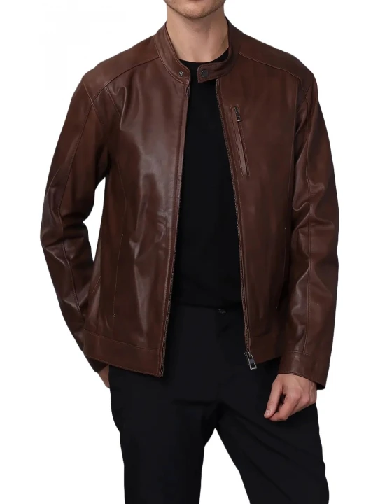 Verticle Chest Pocket Brown Leather Jacket