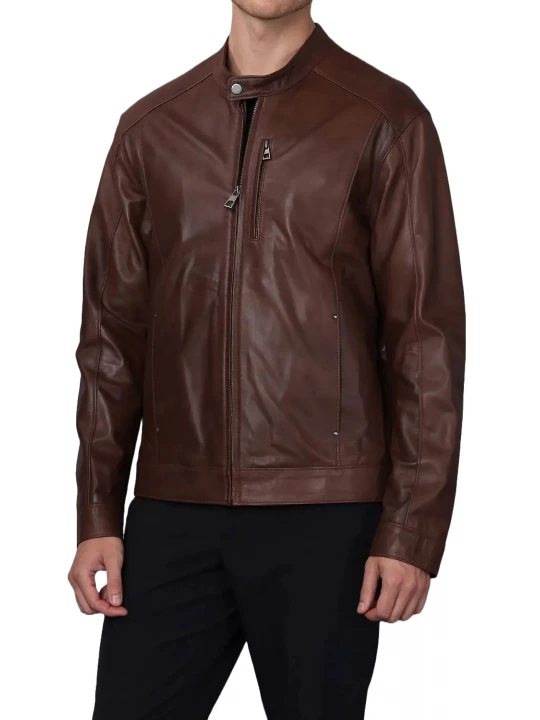 Verticle Chest Pocket Brown Leather Jacket