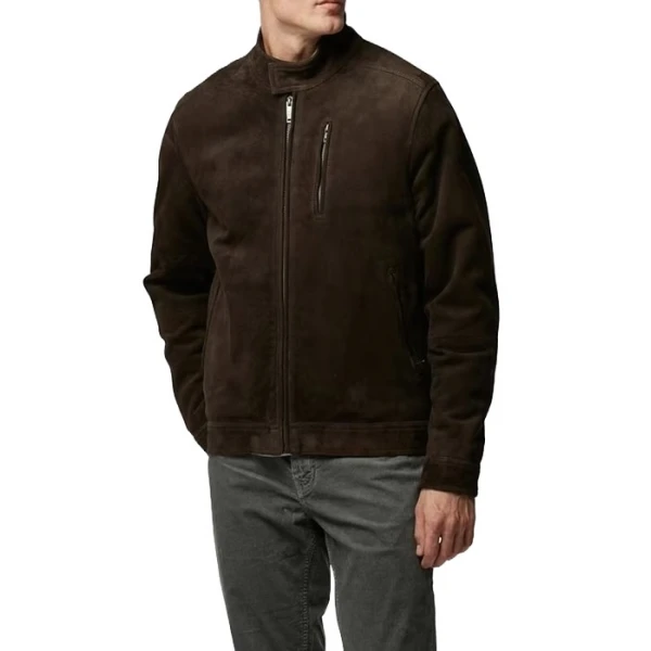 Verticle Chest Pocket Brown Suede Leather Jacket