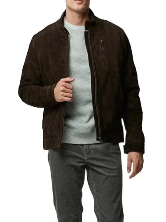 Verticle Chest Pocket Brown Suede Leather Jacket