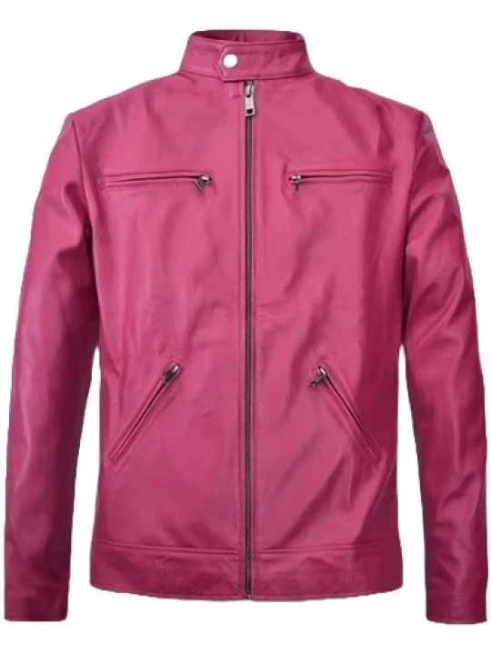 White Strips Detailing Pink Leather Jacket